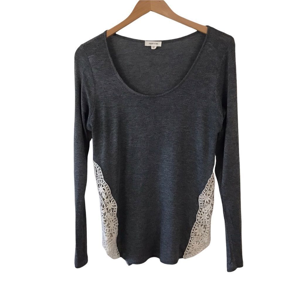 Paper + Tee dark gray scoop neck long sleeve tee with lace sides size L
